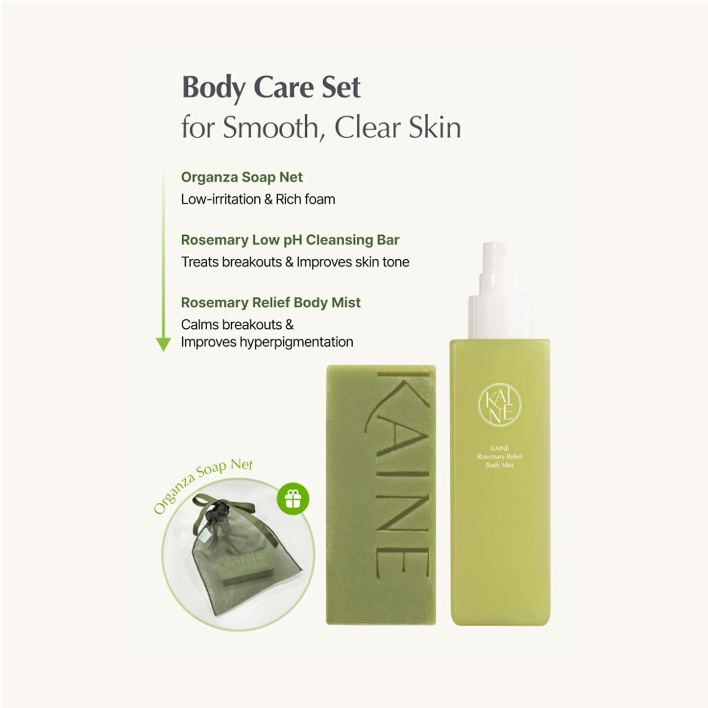 KAINE Rosemary Body Care Set – Body Mist 150ml, Cleansing Bar 100g, Soap Net Included