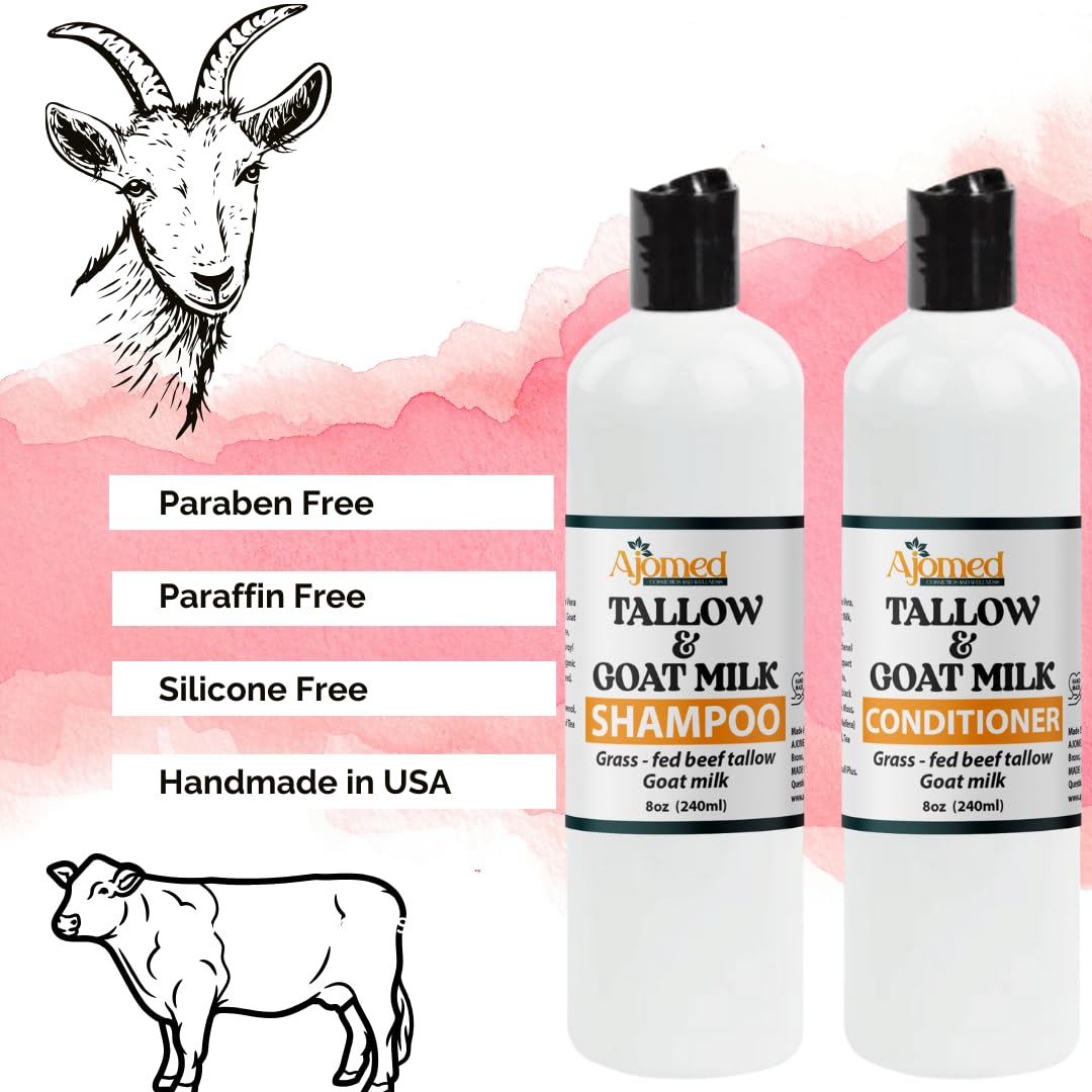 Beef Tallow & Goat Milk Shampoo and Conditioner Set - Handmade Hair Care for Thinning Relief, Sea Moss Shampoo and Conditioner, Thickening Formula for Hair Regrowth (Shampoo & Conditioner 8 Oz)