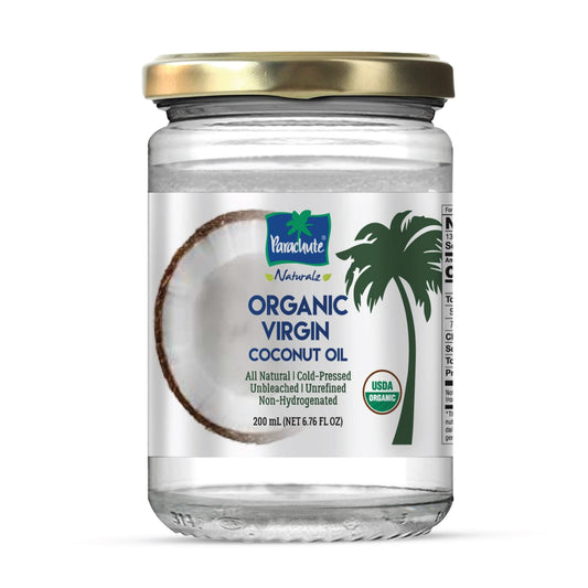 "Parachute Naturalz Organic Virgin Coconut Oil | Cooking Oil, Hair Oil, Body Oil & Oil Pulling | Cold Pressed | Unbleached | Unrefined | Non-Hydrogenated | MCT Oil | USDA Certified |6.7 Fl. Oz. | Glass Jar"