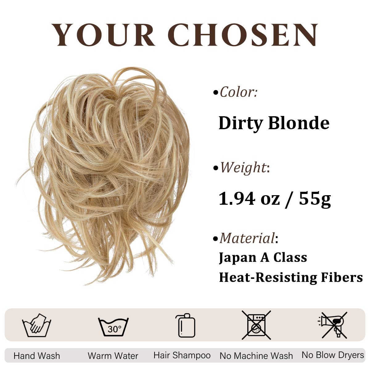 CJL HAIR Large Messy Bun Hair Piece Wavy Curly Scrunchies Synthetic Chignon Ponytail Hair Extensions Thick Updo Hairpieces for Women Dirty Blonde