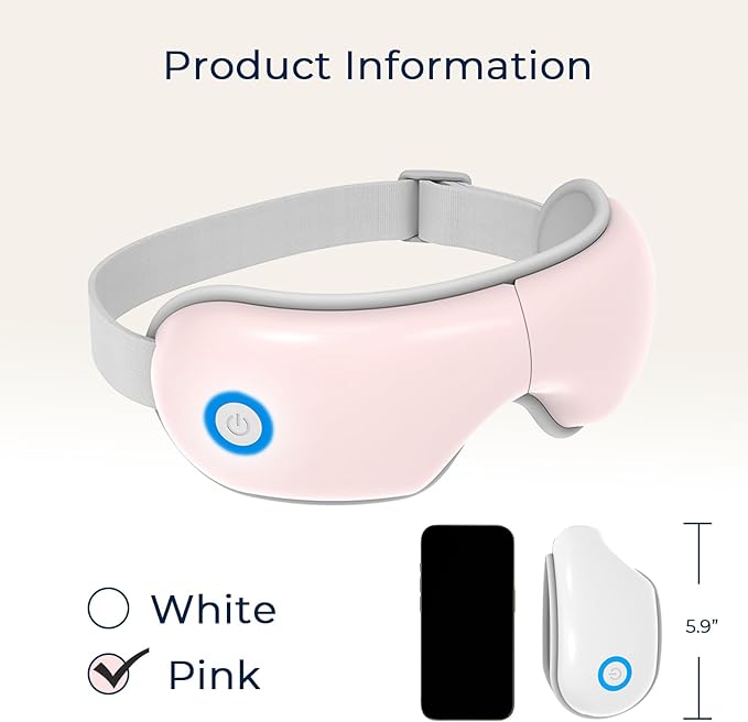 Eye Massager with Heat and Music, Heated Eye Mask with Bluetooth 180°Folding 5-Mode Voice Announcement Heating Massage for Sleep Travel Eyes Strain Relief, Pink