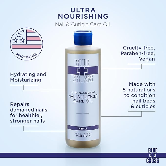 Blue Cross Nail & Cuticle Care Oil, Mineral Oil Free, Hydrating, Moisturizing, All Natural Professional Nail + Cuticle Care, Lemongrass/Lavender Scented Essential Oils, Made in USA, 16fl oz/473mL