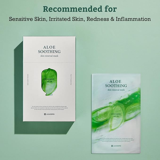 LEADERS Aloe Soothing Skin Renewal Mask – Calms Irritated Skin, Reduces Redness & Provides Deep Hydration – Gentle Formula for Sensitive Skin – Hydrating Face Mask with Aloe Vera – 10 Sheets