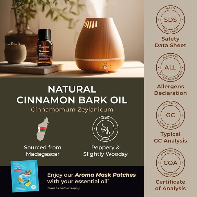 Gya Labs Cinnamon Essential Oil for Diffuser - 0.34 Fl Oz - 100% Pure Natural Cinnamon Bark Essential Oil for Skin, Hair, Lips Body & Candle Making - Spicy Sweet Scent
