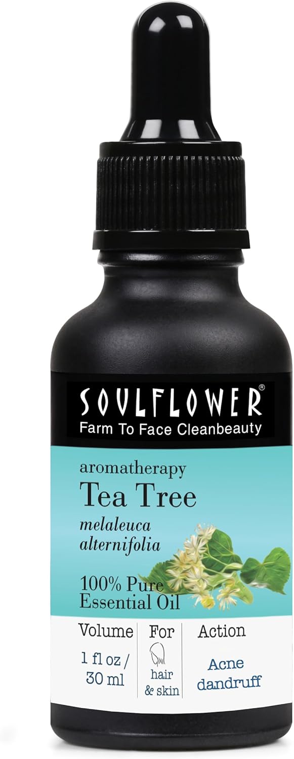 Soulflower Organic Tea Tree Essential Oil for Oily Skin & Itchy Scalp - Melaleuca Alternifolia - 100% Pure, Natural, Vegan, Cruelty Free, Aromatherapy, Diffusion, 30ml / 1 fl oz