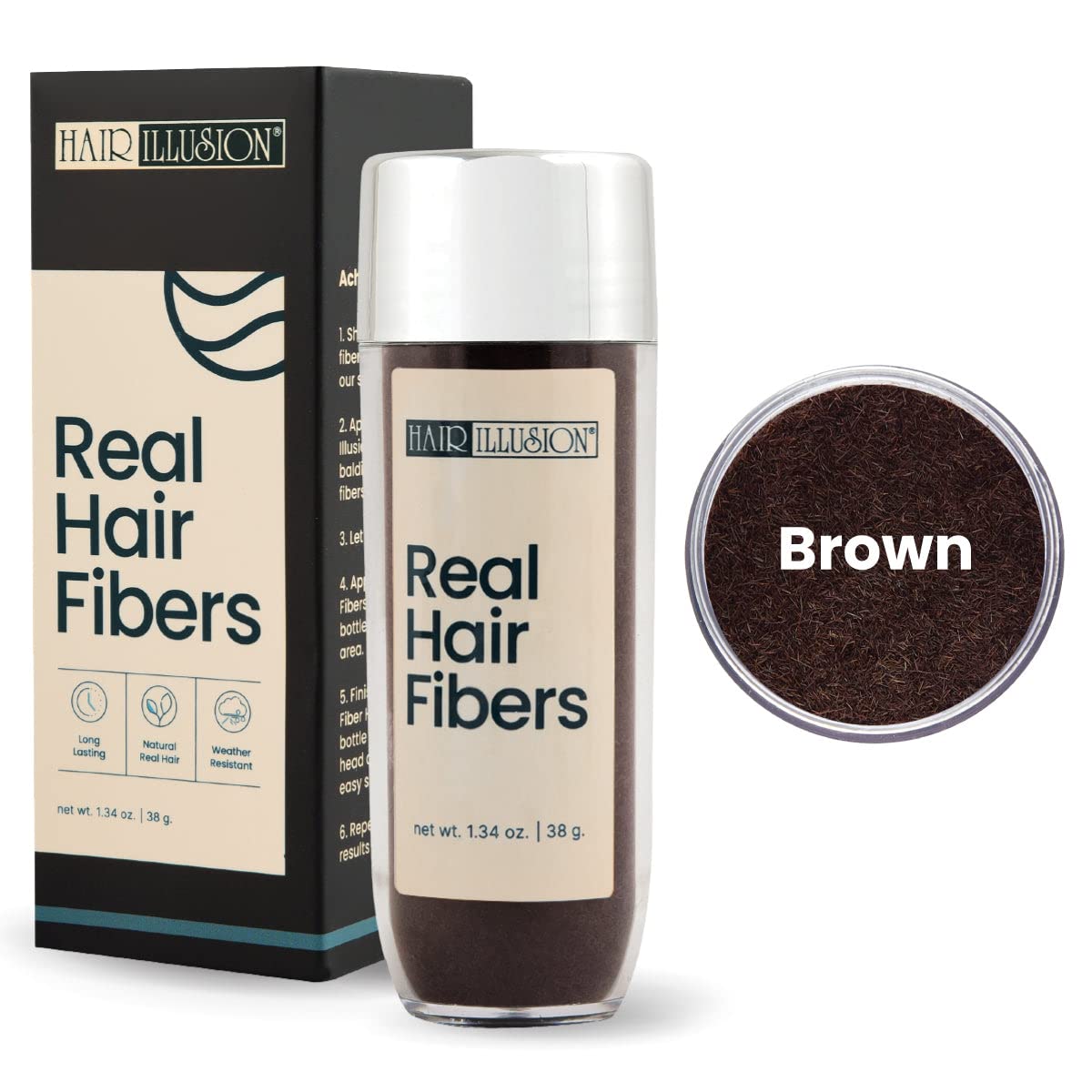 Hair Illusion Brown Real Hair Fibers and Fiber Holding Spray Bundle for Thinning Hair - 100% Natural Texture, Non Synthetic Hair Fibers - Bald Spot Cover Up for Women & Men - 38 Gram