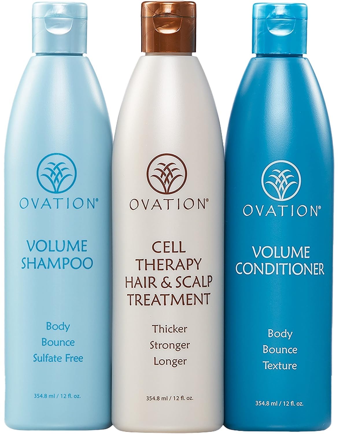 Ovation Hair Volumizing 3-Step Bundle for Fine Hair - with Volume Shampoo and Conditioner, Cell Therapy Hair Growth & Healthy Scalp Treatment - Add Weightless Volume, Bounce & Fullness
