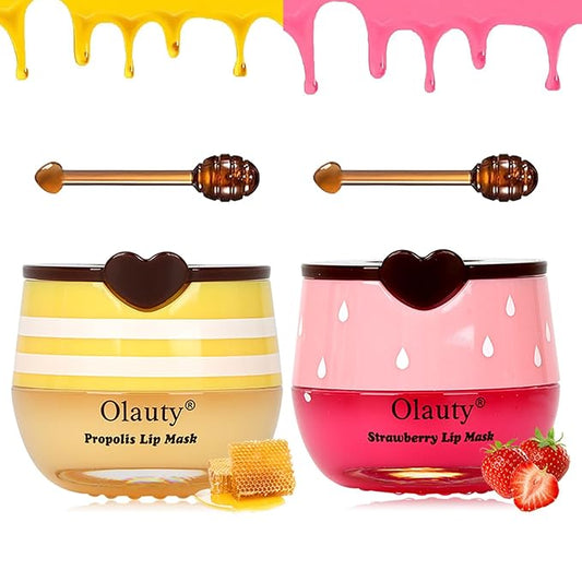 Bee Lip Balm Honey Pot, 2 PCS Strawberry & Honey Masks, Hydrating Prevention for Dry and Cracked Lips, Scrubs Exfoliator, Sleep Mask Reduces Lines, Exfoliating BeeLip Balm Sleeping Mask