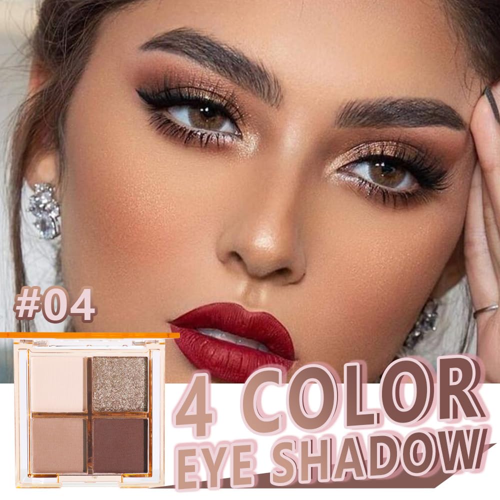 Eyeshadow Quads Blendable Glitter Matte Eyeshadow Palette,Black Gold Nude Brown Coffee Shinmmer Sparkly Four Eyeshadow Palette Makeup,Everyday Nature Long-Lasting Waterproof Women Girls Eyeshadow 4#