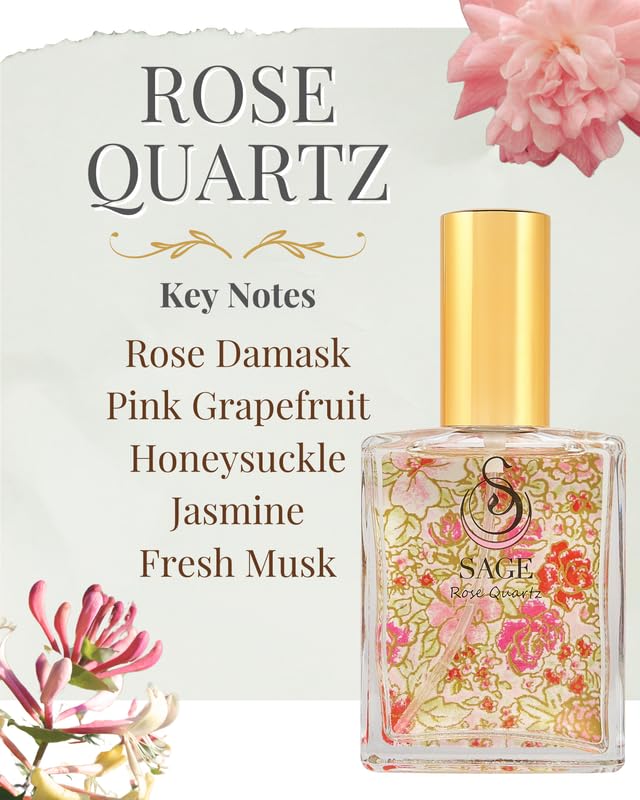 Rose Quartz Organic Perfume Spray by Sage- 2 oz, Vegan & Cruelty-Free, Floral Scent, Rose Damask, Honeysuckle, Jasmine - Made in USA