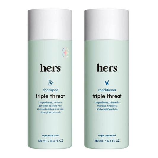 hers Triple Threat Shampoo and Conditioner Set for Women- Thickening, Moisturizing, Reduces Shedding- Color Safe Hair Loss Shampoo and Conditioner- 2 pack, 6.4oz