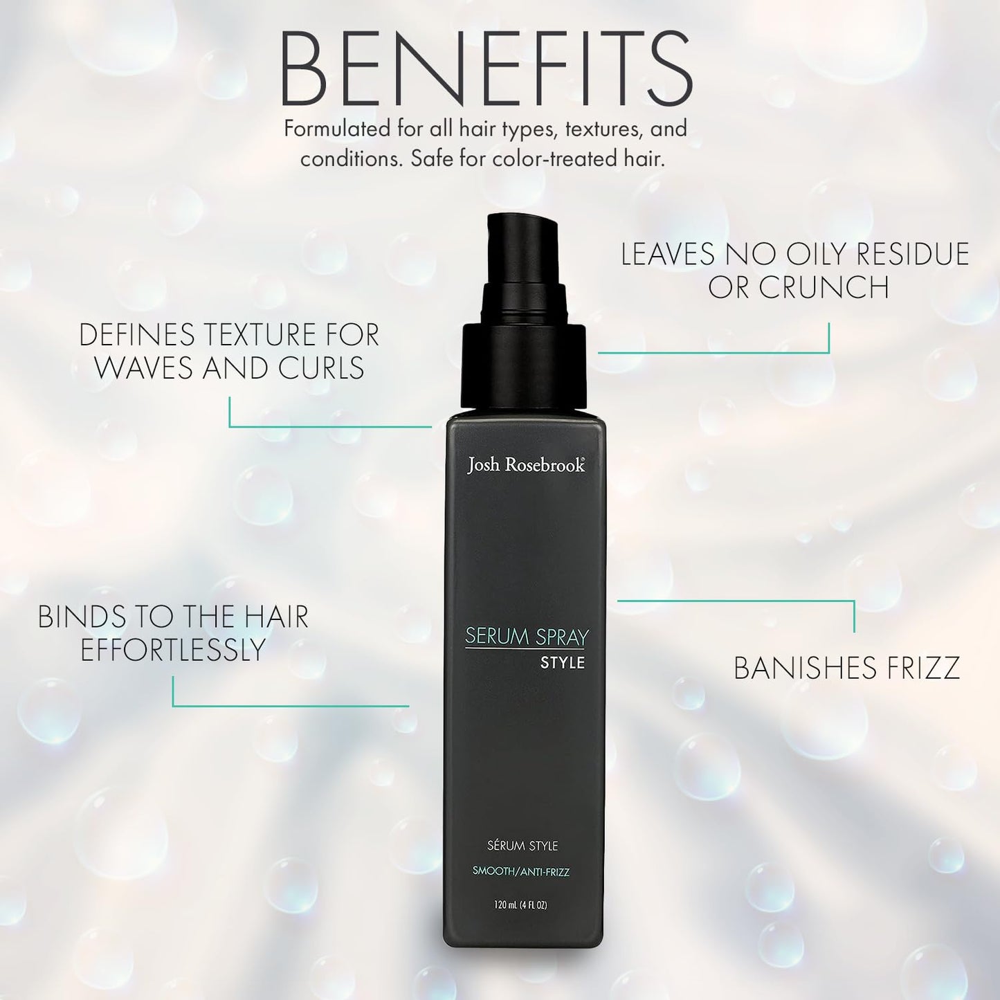 Josh Rosebrook Serum Spray - anti-frizz, wave and curl smoothing and defining hair styling spray that also performs as a nourishing, herbal-active scalp treatment - 120 mL - 4 Oz