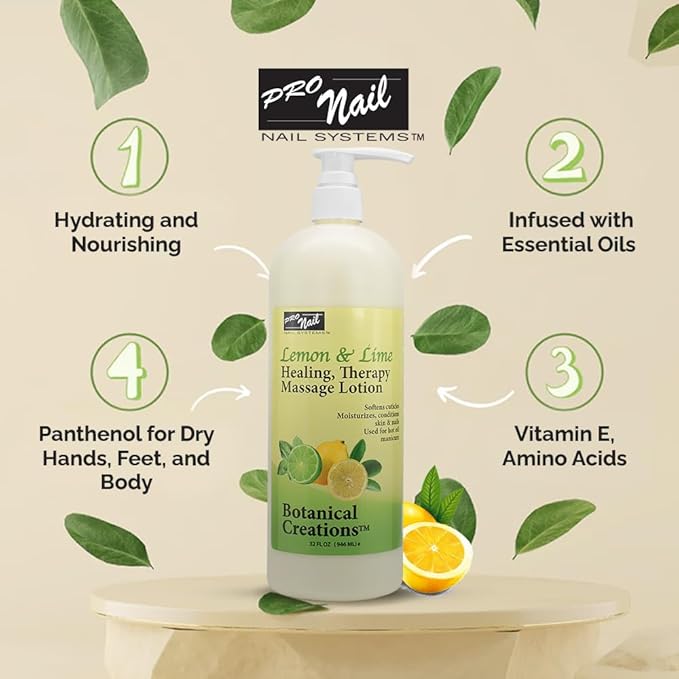 PRO NAIL - Healing Therapy Massage Lotion - Professional Pedicure, Body and Hot Oil Manicure, Infused with Natural Oils, Vitamins, Panthenol and Amino Acids (Lemon and Lime, 32 Oz)