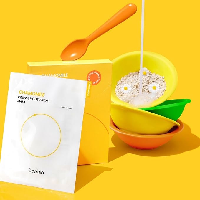beplain Chamomile Intense Moisturizing Facial Mask, Hydrating & Soothing Sheet Mask for Sensitive, Dry Skin | Vegan | Elasticity Improvement | Fragrance-Free | Korean Skin Care | 5ea