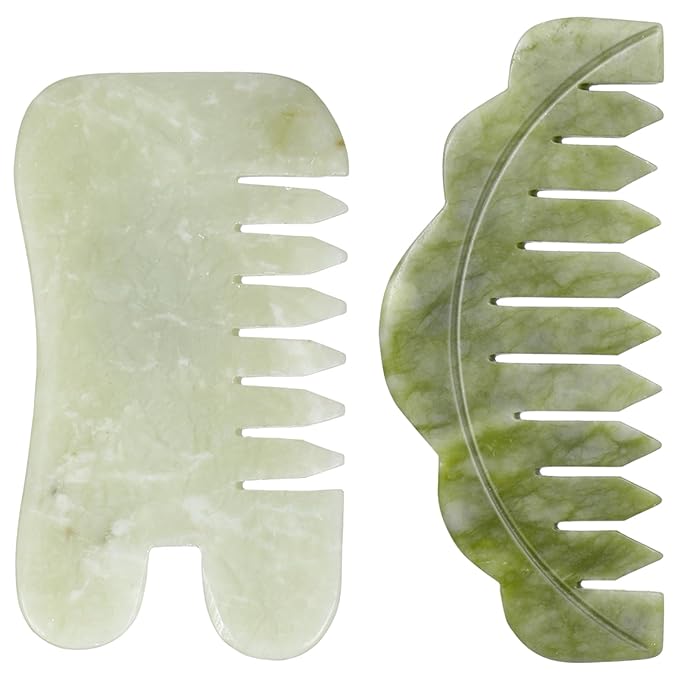 Geiserailie 2 Pieces Jade Combs Massage Stone Hair Gua Sha Scraping Scalp Comb Facial Massage Tool Multifunctional Handheld Head Tools Head Caring Therapy Mother's Day Gift(Chic Style)