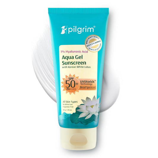Pilgrim 1% Hyaluronic Acid Sunscreen Gel SPF 50 PA+++ | Broad Spectrum UVA/UVB & Blue Light Protection | Lightweight, Non-Greasy, Fast-Absorbing, Hydrating Aqua Gel | Face & Body | 1.76 Oz (50gm)