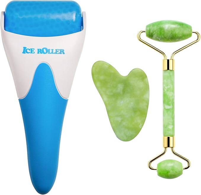 3-in-1 Natural Stone Jade Roller and Gua Sha Set for Face and Eye Ice Roller Facial Cooling Massage Roller