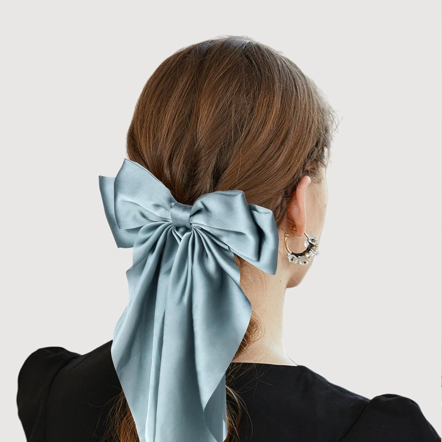 Silky Satin Hair Bows - 4PCS Ribbon Bows for Women & Girls, Big Bow Hair Clips with Long Tail, Barrettes - Cute Hair Accessories Gifts (Black, Blue Grey, Grey, White)