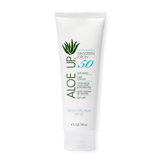 Aloe Up SPF 50 Sunscreen for Sensitive Skin - Broad Spectrum Face and Body Sunblock with Aloe Vera - Reef-Safe, Hydrating Coco-Mango Fragrance, 4 Oz
