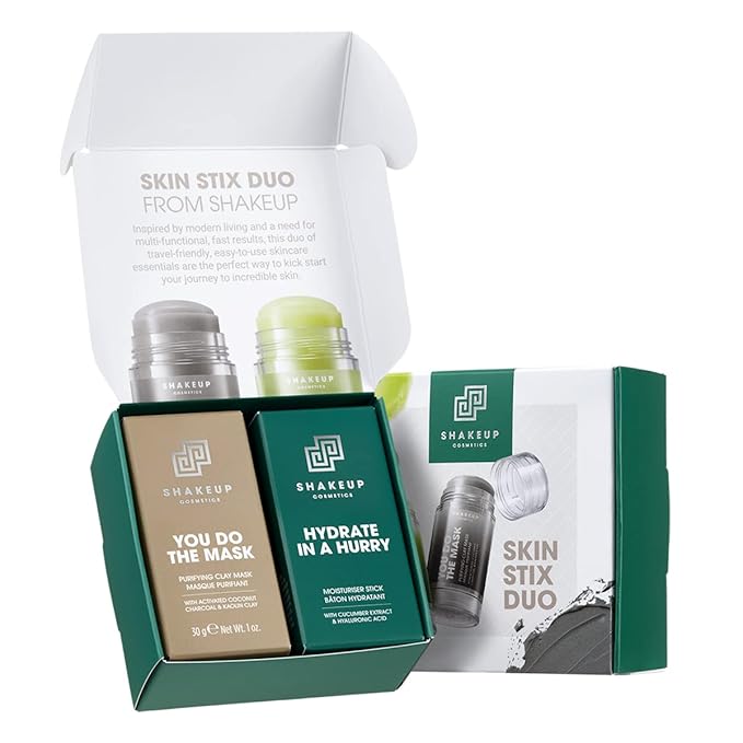 Mens Skincare Sticks Duo, Vegan Formula Including a Moisturiser Stick and Charcoal Face Mask Stick, 2-Step Skincare Kit Perfect for Him. Aka. SHAKEUP THE SKIN STIX DUO