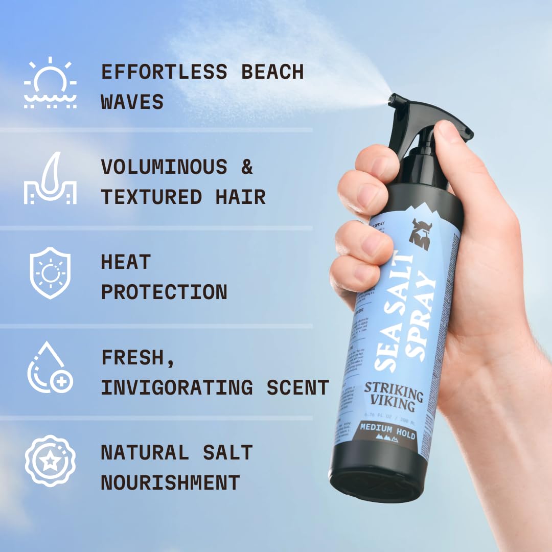 Striking Viking Sea Salt Spray for Men - Strong Hold, 6.76 Fl Oz, Blue Ocean Scent - Volumizing Hair Spray for Men - Texturizing & Curl Enhancing - Paraben Free