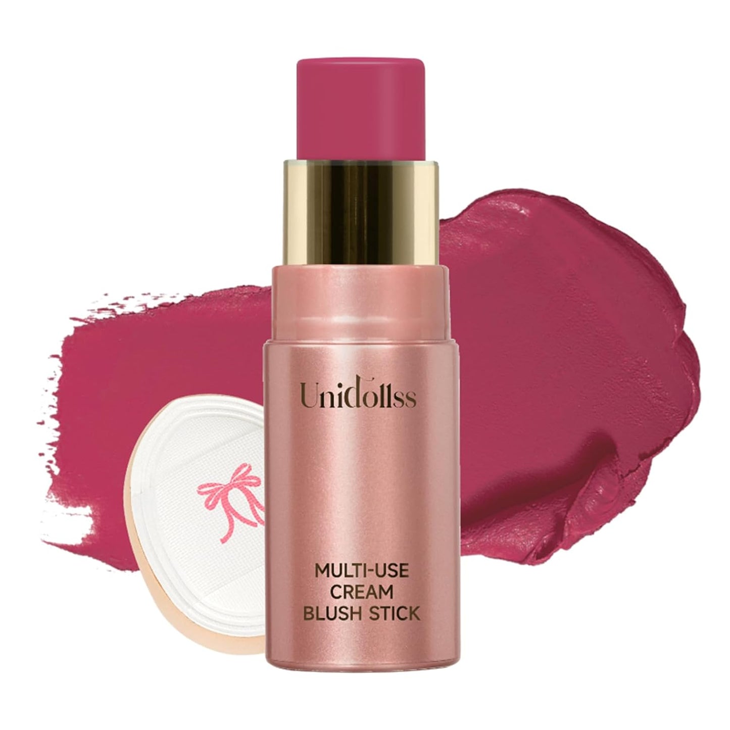 Multi-Use Makeup Cream Blush Stick, Unidollss 3-in-1 Buildable Powder Blush Stick for Cheeks, Eyes, and Lips, Hydrating formula, All day wear, Easy Application with Thumb Puff Included (04 FLIRT)