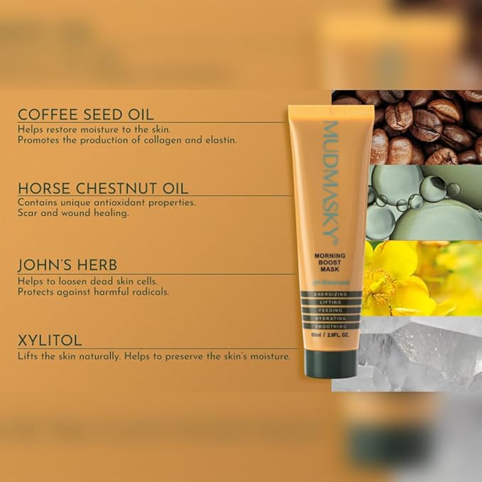 MUDMASKY Morning Boost Mask 60ml – Energizing Clay Face Mask for Beauty & Skin Care, Hydrating & Lifting with Coffee, Moroccan Lava Clay, Indonesian Flowers – Moisturizing & Smoothing