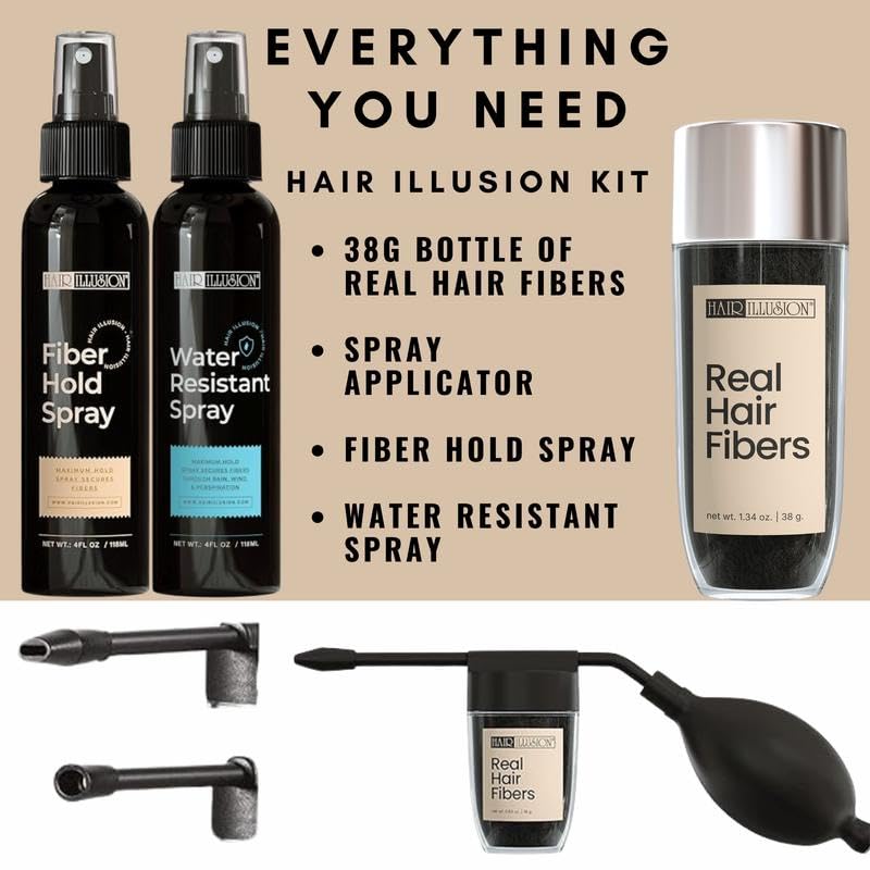 Hair Illusion 100% Real Hair Fibers Combo Kit Bundle: Fibers, Hold & Water Spray, & Applicator for Instant Natural Fuller Hair for Thinning & Enhancement Blend (Jet Black)