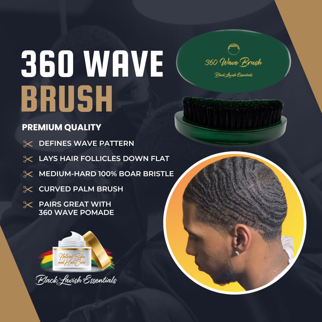 360 Wave Brush, Build Deeper Waves, Soft & Hard Boar Bristle Curved Brush, Black Lavish Essentials Signature (Emerald Green, Medium-Hard)