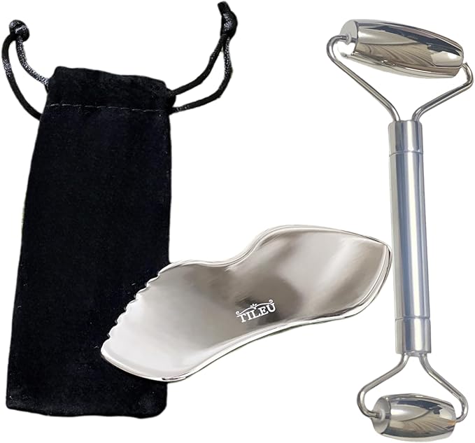 Face Roller & Gua Sha Tool, Stainless Steel Facial Roller and Guasha Tools Skin Care Roller for Wrinkles and Lifting, Improve Puffiness, Metal Face Massager for Eyes, Neck Tighten（2 Pack