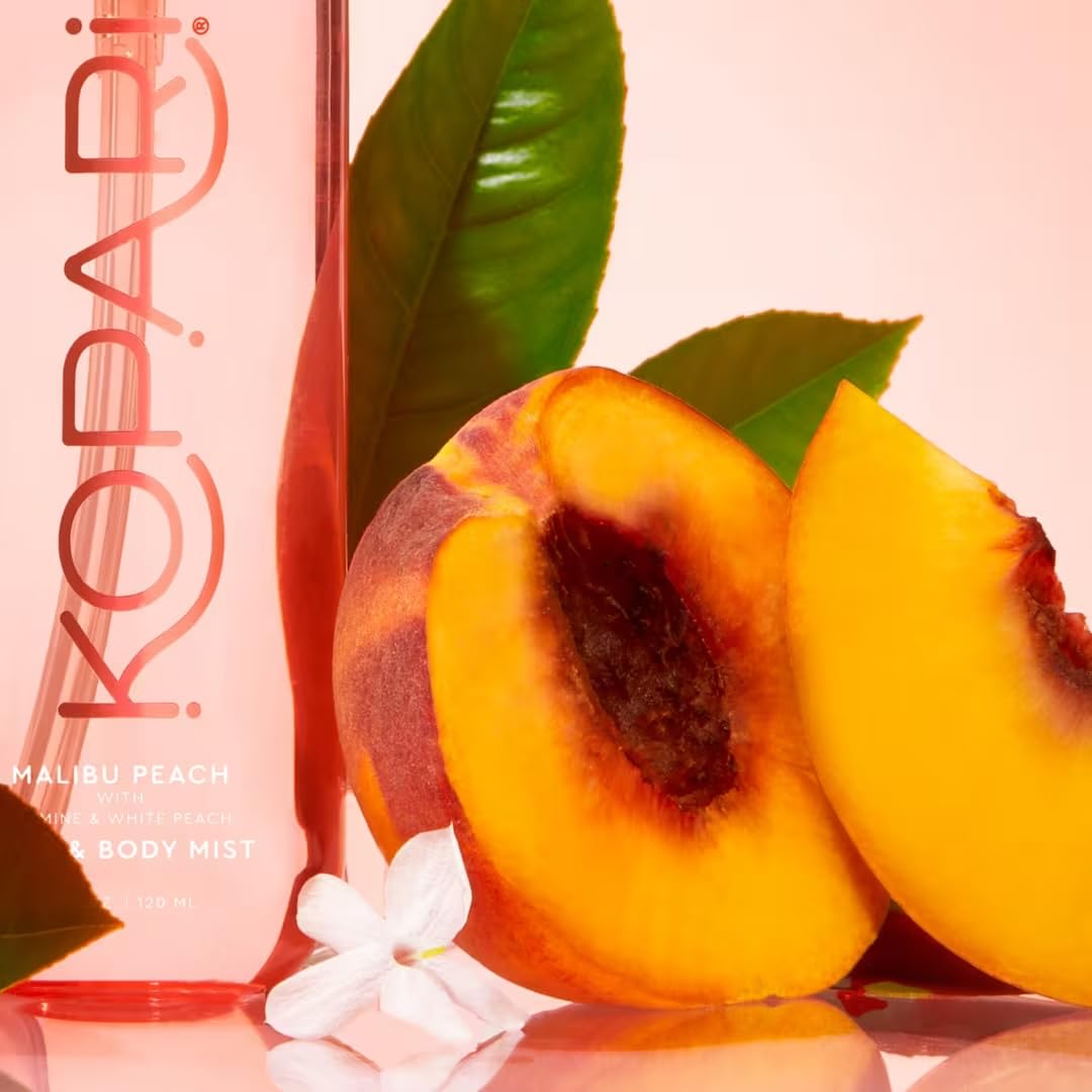 Kopari Hair & Body Mist Malibu Peach, Long-Lasting Playful Vibrant Tropical Scent, Warm Floral Fragrance, Blend of Peach with a Kiss of Jasmine, 4 oz