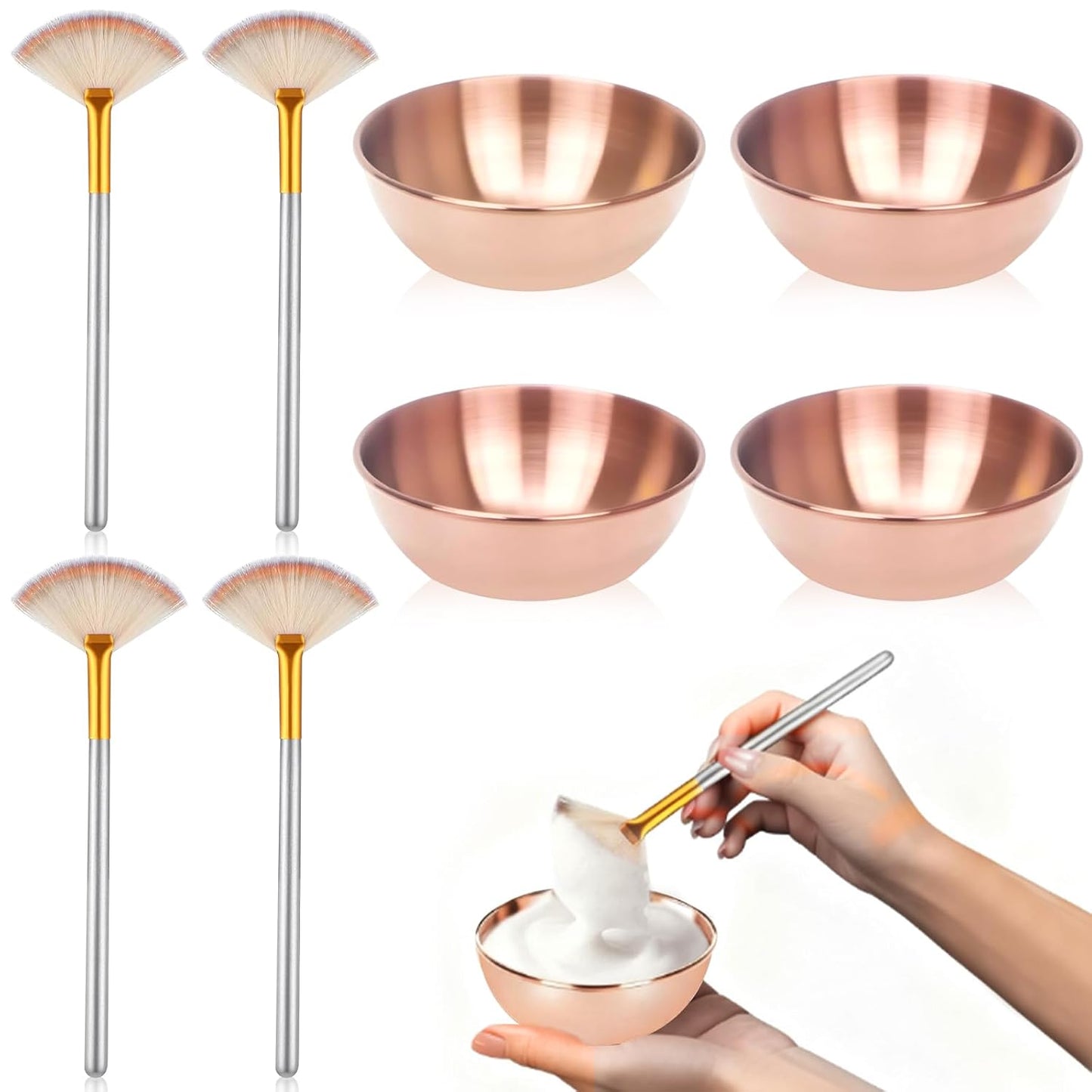 8 Pcs Rose Gold Esthetician Supplies 4 Facial Fan Brushes Esthetician 4 Rose Gold Stainless Steel Mixing Bowls Face Mask Brush Facial Bowls Esthetician for Mud Cream Makeup Spa Salon Women