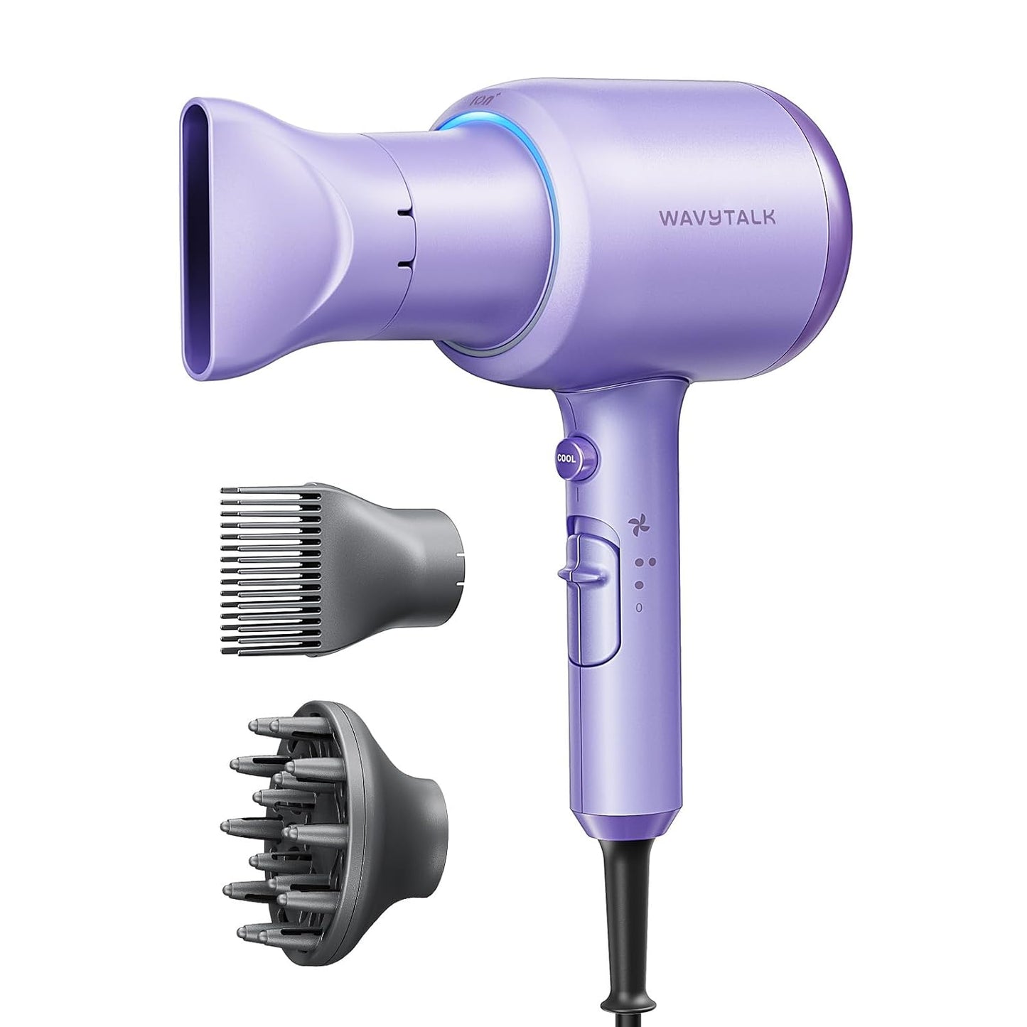 Wavytalk Blow Dryer with Diffuser, Blown Away Ionic Hair Dryer for Curly Hair with Comb, 1875W Fast Drying Blow Dryer with Ceramic Technology, 3 Attachments for All Hair Types, Light and Quiet, Purple