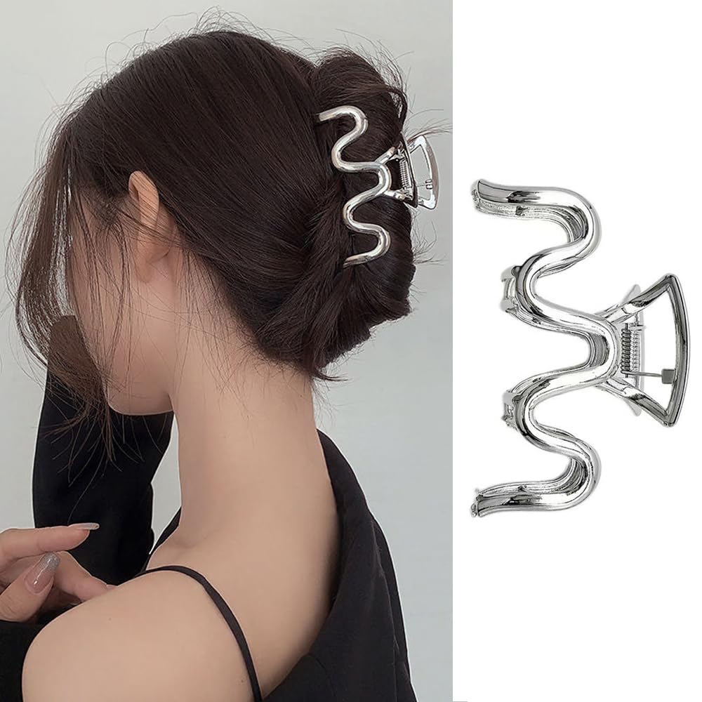 Metal Hair Claw Clips - Silver Small Wave Design Grip Clips for Thick Hair, Girls and Women, No Slip Summer Hair Accessories, 1 Pack
