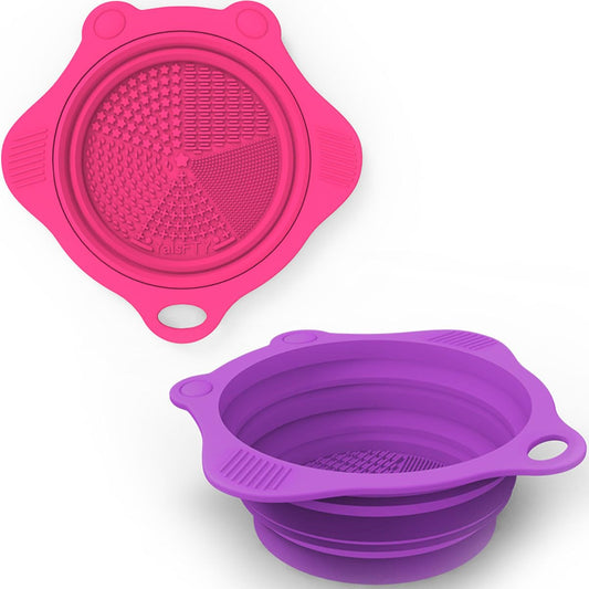 2PC Foldable Silicone Makeup Brush Cleaner Pad Bowls, YalsFTY Portable Mat Scrubber Cleaning Tool for Makeup Brushes (Purple and Rose)