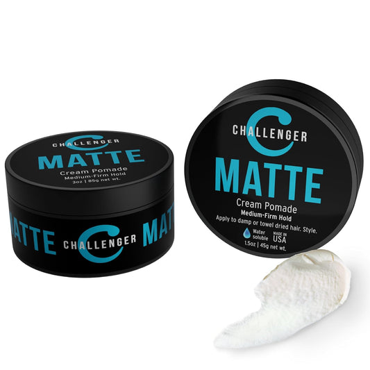 Challenger Matte Cream Pomade Combo | Natural, Shine Free Styling Product | Medium Firm All-Day Hold | Travel Friendly Water Based Hair Gel | For All Hair Types | 3oz and 1.5oz Jars