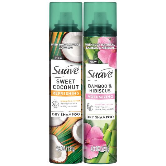 Suave+ Dry Shampoo Spray Variety 2-Pack – Volumizing Bamboo & Hibiscus, Refreshing Sweet Coconut, 4.3 Oz Ea