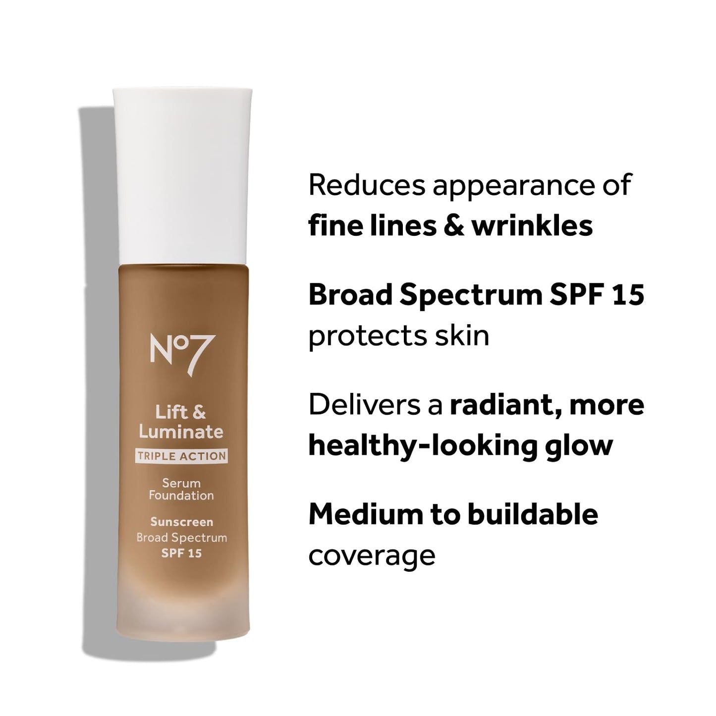 No7 Lift & Luminate Triple Action Serum Foundation - Liquid Makeup with SPF 15 for a Dewy, Glowy Base - Radiant Formula for Mature Skin - Walnut (30ml)