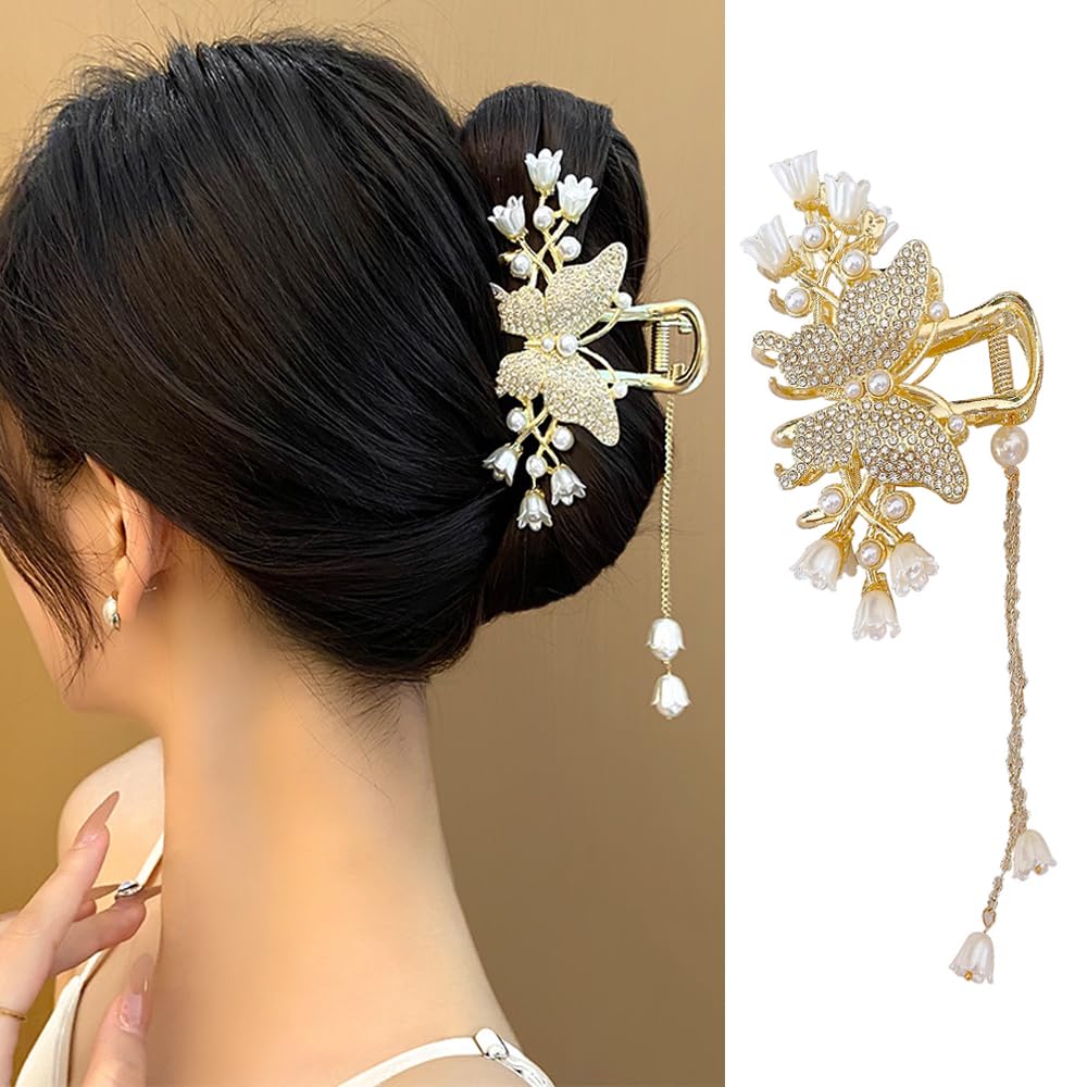 1 Pack Big Butterfly Hair Claw Clip Metal Gold Hair Clips Crystal Rhinestone Butterfly Claw Clips Lily of the Valley Pearl Tassel Design Non Slips Hair Accessories for Women Wedding Birthday Decor