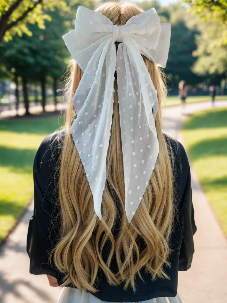 LFOUVRE Hair Accessories: Floral White Bowknot Barrettes, Dots Bow Clips with Tail, Solid Bow Hair Clips for Women and Girls, 3pcs Set