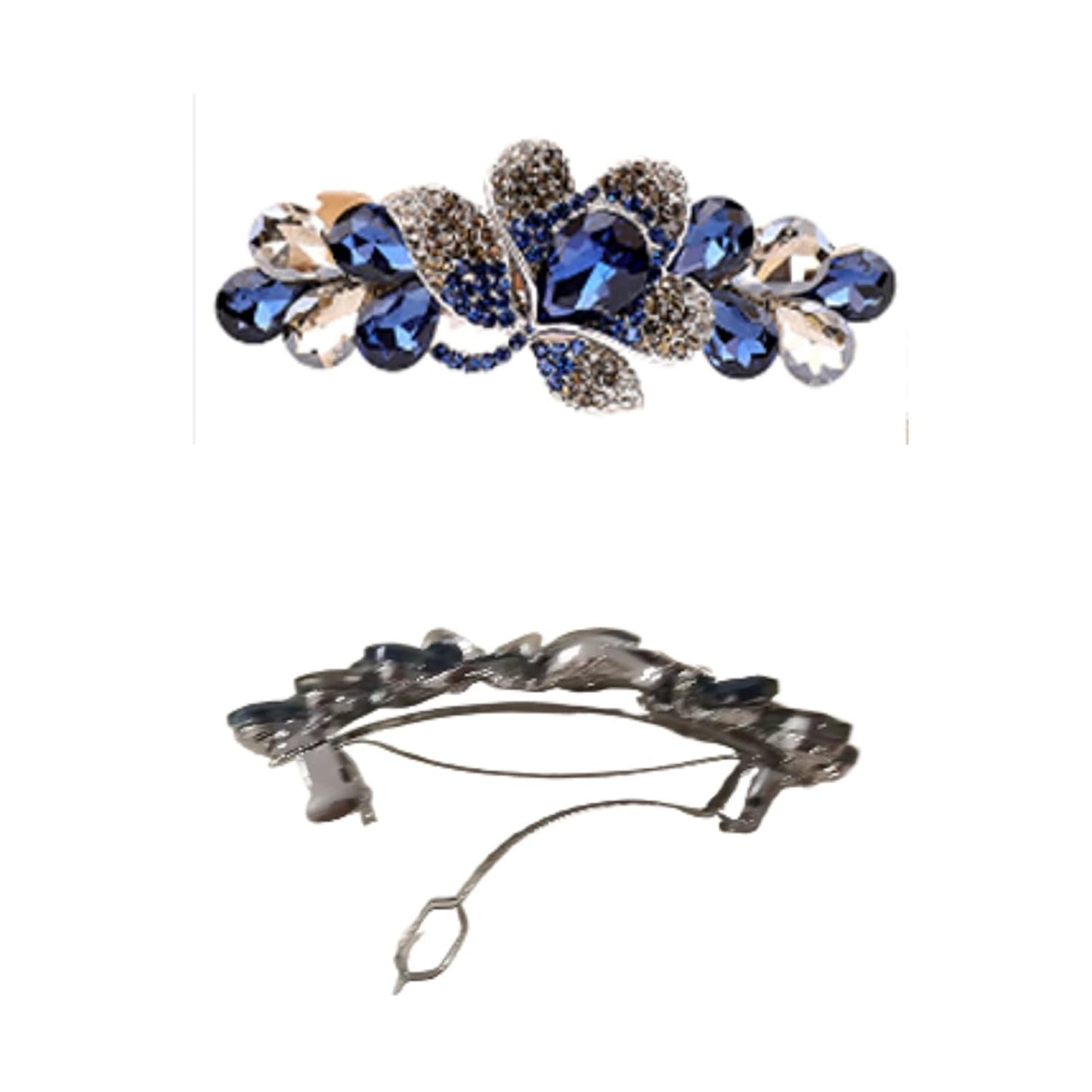 A crystal hairpin with box, Elegant Crystal Hair Barrette, Blue and Silver Rhinestone Flower Design, Large Metal Hair Clip for Women and girls.