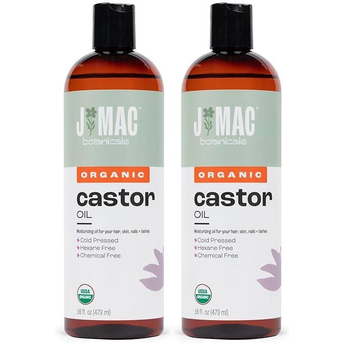 J Mac Botanicals Organic Castor Oil, Cold Pressed (32 oz) unrefined, cold pressed, hexane free for face, skin, eyelashes, pack wraps, pads