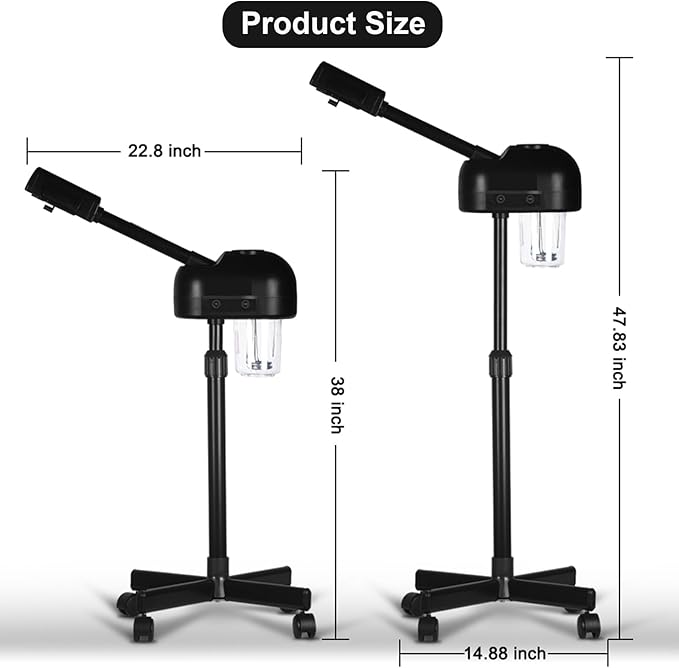 Stand Professional Ozone Facial Steamer with Digital Display, Adjustable Height & Rolling Base, Timer Function, 360° Rotatable Nozzle, Hot Mist Function, Use for Home, Salon SPA (Black)