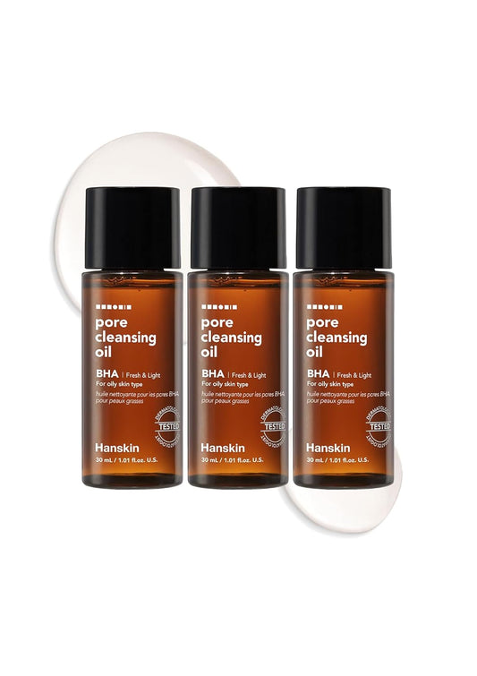 Hanskin BHA Pore Cleansing Oil, Sample Trial Size, Travel Size Mini Makeup Remover Set, Gentle Blackhead Cleanser for Combination and Oily Skin [30 ml/Pack of 3]