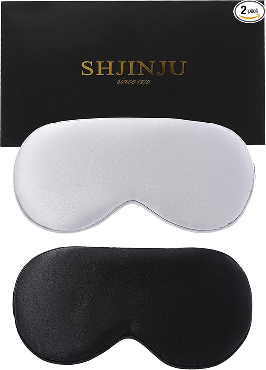 2-Pack 100% Real Natural Silk Eye Mask, Silk Sleeping Mask, Shade Puffy Eye Gift with Adjustable Straps, Sleep Eye Mask, SHJINJU Eye Mask Shade (Black and Light Grey)