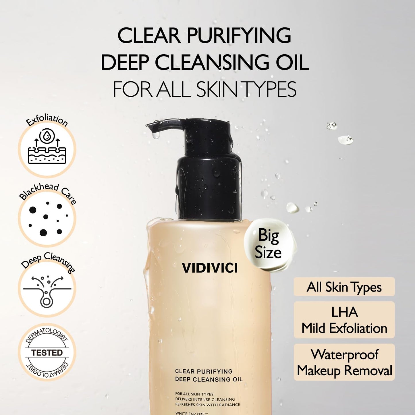 VIDIVICI Clear Purifying Deep Cleansing Oil 10.14 fl.oz | Gentle Makeup Remover for All Skin Types,Removes Waterproof Makeup with LHA,fermented camellia seed oil&rosehip seed oil,Korean skin care