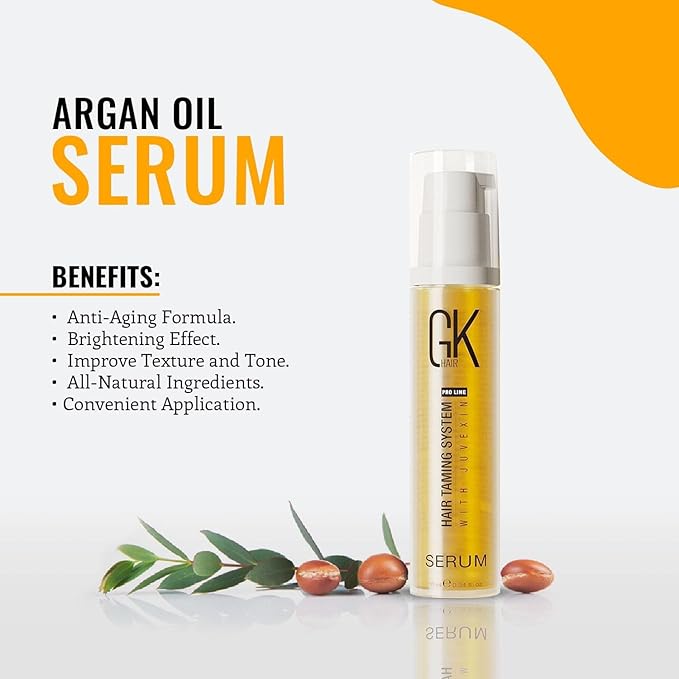 GK HAIR Global Keratin 100% Organic Argan Oil Anti Frizz Serum 10ml & Styling Smoothing Nourishing Heat Protection Shine 100ml Serum Oil