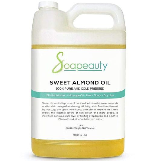 Soapeauty Sweet Almond Oil Cold Pressed Refined | 100% Pure Sweet Almond oil Available in Bulk | Carrier for Essential Oils, Almond oil for Skin, Face, and Hair, Soap Making | 7 Lb