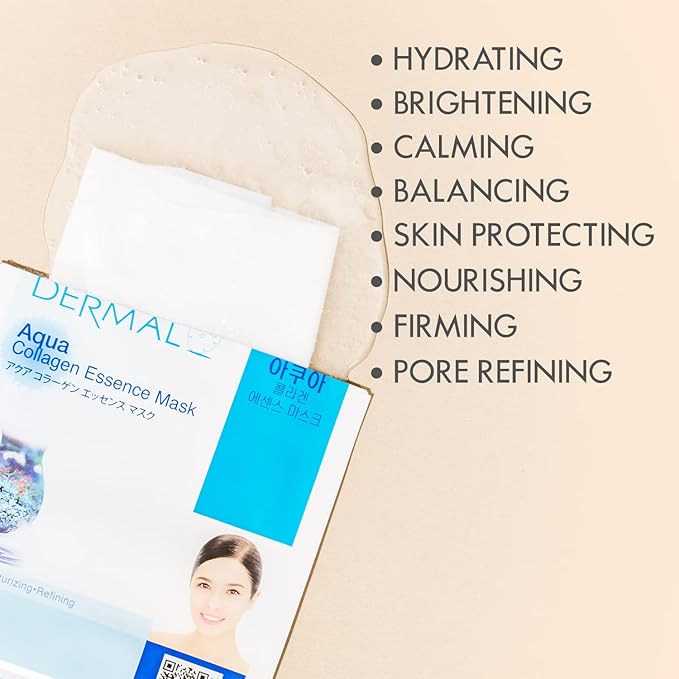 DERMAL 32 Combo A+B Set Collagen Essence Korean Face Mask - Hydrating and Soothing Facial Mask with Panthenol - Hypoallergenic Self Care Sheet Mask for All Skin Types - Natural Home Spa Treatment Mask