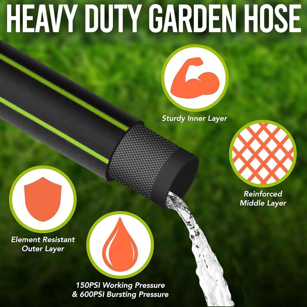 Heavy Duty Garden Hose 100ft x 5/8” – Flexible Water Hose, Leak-Proof, Lightweight Hybrid Hose with Swivel Handle & 10 Function Spray Nozzle – Durable Outdoor Hose, Kink Free
